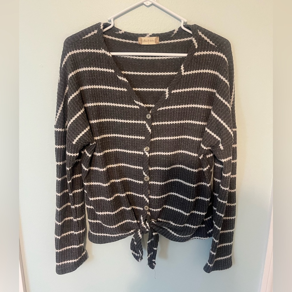 Altar'd State Charcoal Cardigan with Striped Pattern and V-Neck